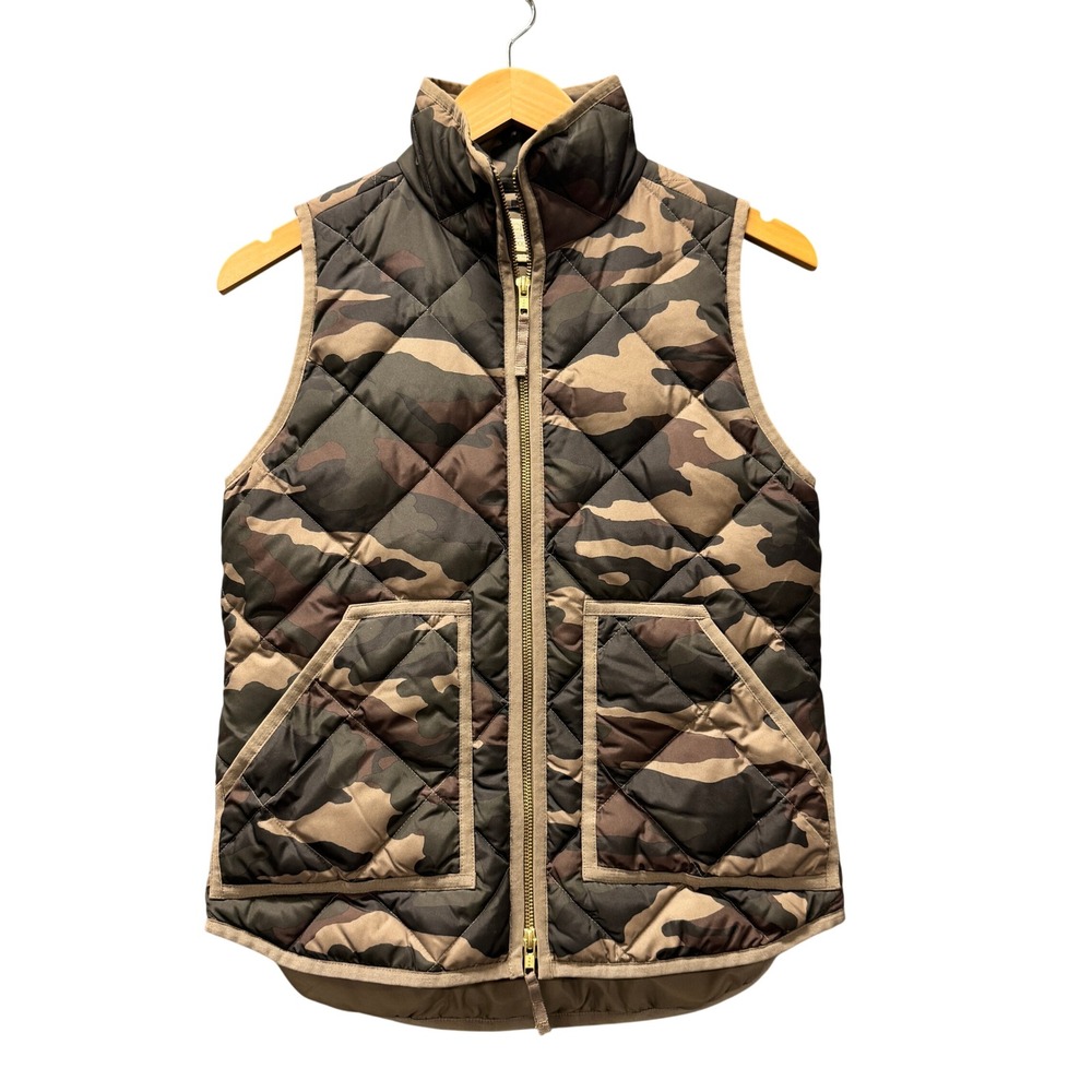 J Crew Down Vest Camo Full Zip Jacket Womens XXS Quilted Puffer Brown Tan
